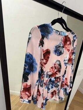 CeCe Floral Peplum Blouse XS Pink Blue Long Sleeve Sheer Dressy Top